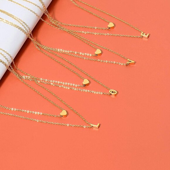 18K Gold Plated Stainless Steel Layered Heart Initial Necklace Personalized Tiny - Picture 5 of 7